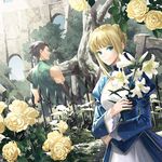  1girl ahoge artoria_pendragon_(all) bad_id bad_pixiv_id black_hair blonde_hair blue_eyes fate/zero fate_(series) flower lancer_(fate/zero) lily_(flower) mole mole_under_eye rose saber smile toichi_(ik07) yellow_flower yellow_rose 