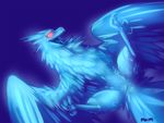  anivia avian beak bird blue blue_feathers blue_theme blush chest_tuft claws cloaca feather female feral fur glowing ice league_of_legends lying maim monster open_mouth presenting presenting_cloaca pussy red_eyes simple_background solo spread_legs spreading talons tongue tuft vent wings 