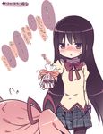  akemi_homura black_hair blush chocolate embarrassed gift_bag hairband homu kaname_madoka kimoko long_hair mahou_shoujo_madoka_magica multiple_girls outstretched_arm pantyhose pink_hair purple_eyes school_uniform shy sweatdrop translated valentine 