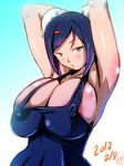  2012 arcana_heart areola_slip areolae armpits arms_up bare_shoulders blue_hair breasts dress green_eyes hair_bun huge_breasts mei-fang rickert_kai short_hair solo 