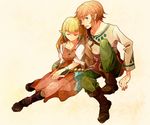  1girl bad_id bad_pixiv_id blonde_hair blue_eyes book boots brown_hair couple dress earrings hetero jewelry kio_(pixiv) leaning link looking_at_viewer pointy_ears princess_zelda simple_background sitting sleeping the_legend_of_zelda the_legend_of_zelda:_skyward_sword 