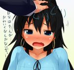  black_hair blue_eyes blush collarbone earrings fang ganaha_hibiki idolmaster idolmaster_(classic) jewelry kaisen_chuui long_hair out_of_frame petting solo_focus tan translated 