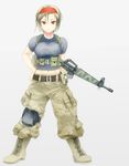  assault_rifle belt blonde_hair boots grey_background gun hairband knee_pads left-handed m16 m16a1 midriff military navel onibi_(foxhound4185) original pants red_eyes rifle short_hair simple_background solo weapon 