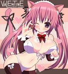  2012 animal_ears bikini breasts cat_ears cat_tail chocolate detached_sleeves groin heart huge_breasts kuronekogata long_hair maid_headdress navel one_eye_closed pink_hair purple_eyes ribbon smile solo swimsuit tail thighhighs tongue twintails valentine white_bikini 