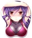  armpits blush breast_mousepad breasts cleavage covered_nipples dress face genderswap genderswap_(mtf) gundam gundam_00 large_breasts mousepad purple_hair red_eyes solo takitsume_shino tieria_erde 