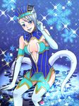  asymmetrical_bangs bangs bare_shoulders blue_eyes blue_hair blue_rose_(tiger_&amp;_bunny) blush breasts cleavage elbow_gloves fingernails gloves hat karina_lyle lipstick makeup medium_breasts pepsi_nex product_placement short_hair snowflakes solo sparkle superhero thighhighs tiger_&amp;_bunny 