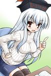  akou_roushi alternate_costume black_legwear blue_hair blush book breasts hand_on_hip hat impossible_clothes impossible_sweater kamishirasawa_keine large_breasts long_hair looking_at_viewer open_mouth red_eyes ribbed_sweater sitting smile solo sweater thighhighs touhou zettai_ryouiki 