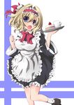  absurdres alice_margatroid alternate_costume apron blonde_hair blue_eyes bow bowtie breasts cake covered_nipples cup dress enmaided food fruit hair_intakes headdress highres impossible_clothes impossible_dress kogetsu large_breasts loafers maid mug open_mouth running shoes short_hair socks solo strawberry touhou tray white_legwear wide_sleeves 