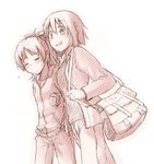  bag blush casual closed_eyes fur_trim hair_ornament hairclip handbag jacket mahou_shoujo_madoka_magica miki_sayaka monochrome multiple_girls open_mouth pants ryuunosuke_(luckyneco) sakura_kyouko short_hair 