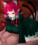  1girl animal_ears braid braids breasts breath cat_ears cat_tail clothed_sex cowgirl_position cum dress girl_on_top han_(jackpot) huge_breasts kaenbyou_rin long_hair multiple_tails pointy_ears red_eyes red_hair sex sitting sitting_on_person solo_focus straddle straddling sweat tail thighhighs touhou two_tails white_legwear white_thighhighs 