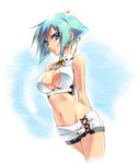  amagai_yukino aquarion_(series) aquarion_evol breasts cleavage cleavage_cutout crop_top green_hair large_breasts midriff navel parted_lips purple_eyes revealing_clothes short_hair short_shorts shorts solo zessica_wong 