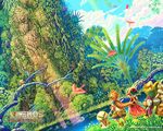  1girl bird children_of_mana colorful copyright_name crane_(animal) day dutch_angle fern ferrick forest from_behind giant_tree height_difference long_hair mana_tree nature official_art outdoors plant ponytail poppen scenery seiken_densetsu tamber tree wallpaper wanderer_(children_of_mana) 