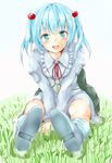  backpack bag blue_eyes blue_hair blush boots grass hair_ornament kawashiro_nitori key no_hat no_headwear open_mouth rubber_boots short_hair sitting smile solo touhou two_side_up v_arms weeeeen 