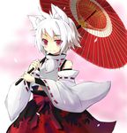  animal_ears bad_id bad_pixiv_id bare_shoulders bridal_gauntlets detached_sleeves inubashiri_momiji no_hat no_headwear oriental_umbrella red_eyes short_hair silver_hair smile solo tail touhou umbrella ut_pictura_poesis wide_sleeves wolf_ears wolf_tail 