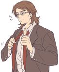  ? alternate_costume bangs bespectacled brown_eyes brown_hair dressing fate/stay_night fate/tiger_colosseum fate_(series) flat_color formal glasses kotomine_kirei male_focus necktie solo suit swept_bangs 