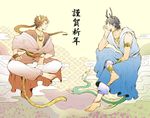  animal_ears anklet antlers armband barefoot black_hair brown_hair date_masamune_(sengoku_basara) dragon_boy dragon_horns dragon_tail horns iik-sutherland indian_style jewelry long_hair male_focus monster_boy multiple_boys neck_ring necklace ponytail sanada_yukimura_(sengoku_basara) sengoku_basara sitting tail tiger_ears tiger_tail 