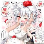  1girl :3 :d anger_vein animal_ears blush breast_rest breasts breasts_on_head clown_222 disembodied_limb face fangs hair_tousle hands happy hat heart inubashiri_momiji large_breasts messy_hair mofuji one_eye_closed open_mouth petting red_eyes silver_hair smile solo_focus spoken_ellipsis spoken_heart tail tail_wagging tokin_hat touhou wolf_ears wolf_tail 