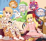  aki_minoriko aki_shizuha alarm_clock barefoot bat_wings bed bedroom blonde_hair blue_hair book bow chestnut chips clock closed_eyes controller cup eating eyeball fang flandre_scarlet food food_themed_clothes fruit game_controller grapes grey_hair hair_bow hair_ornament hairband hat komeiji_koishi komeiji_satori leaf leaf_on_head long_hair multiple_girls nightcap open_book open_mouth pajamas phone plate potato_chips purple_eyes purple_hair red_eyes remilia_scarlet ruu_(tksymkw) saucer short_hair side_ponytail sitting sleepover speech_bubble stuffed_animal stuffed_bunny stuffed_duck stuffed_toy sweets third_eye touhou trait_connection wariza wings yukkuri_shiteitte_ne 