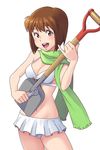  bikini bikini_skirt bob_cut bottle_opener breasts brown_eyes brown_hair cleavage green_scarf hagiwara_yukiho highres idolmaster idolmaster_(classic) looking_at_viewer medium_breasts navel open_mouth pinky_out sat scarf short_hair shovel solo swimsuit unconventional_guitar white_bikini 