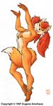  1997 anklet bells breasts canine chest_ruff ear_piercing earring eugene_arenhaus female fox looking_at_viewer piercing plain_background red_hair smile tail_censorship white_background 