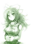  bare_shoulders bow breasts covered_nipples detached_sleeves green hair_bow head_tilt interlocked_fingers kazetto large_breasts long_hair looking_at_viewer messy_hair monochrome no_wings reiuji_utsuho ribbed_sweater shirt solo sweater taut_clothes taut_shirt touhou upper_body 