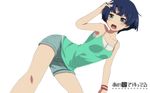  adjusting_hair ano_natsu_de_matteru bare_shoulders bent_over blue_hair camisole green_eyes highres iki_(akunetube) open_mouth short_hair shorts solo tanigawa_kanna tank_top white_background 