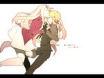  ahoge artoria_pendragon_(all) bad_id bad_pixiv_id black_gloves blonde_hair boots closed_eyes fate/zero fate_(series) forehead_kiss formal gloves hand_on_another's_chest high_heels irisviel_von_einzbern kiss letterboxed long_hair multiple_girls necktie pant_suit pantyhose ponytail saber shoes suit takumi_(scya) thigh_boots thighhighs vest waistcoat white_hair 
