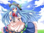  bad_id bad_pixiv_id blue_hair bow cloud day dress food fruit hat hinanawi_tenshi long_hair peach red_eyes shinekalta sky solo touhou very_long_hair 