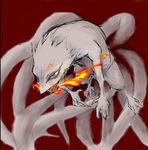  brown_eyes claws demon fangs fire hakumen_no_mono monster multiple_tails red_background simple_background smile tail ushio_to_tora 