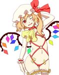  alternate_costume ascot asymmetrical_clothes blonde_hair blush borrowed_design censored choker convenient_censoring dearmybrothers elbow_gloves fangs flandre_scarlet flat_chest gloves hat head_tilt highres one_eye_closed red_eyes simple_background smile solo touhou white_background wings wrist_cuffs 