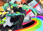  aqua_eyes aqua_hair detached_sleeves hatsune_miku highres long_hair microphone music necktie open_mouth rainbow ruichi singing skirt solo speaker twintails very_long_hair vocaloid 