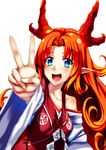  bad_id bad_pixiv_id blue_eyes hands horns japanese_clothes kimono off_shoulder orange_hair original pointy_ears ruuto_(sorufu) solo v 