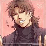  bad_id bad_pixiv_id bangs brown_eyes brown_hair cassock close-up coat double_v fate/stay_night fate_(series) grin heart kotomine_kirei male_focus mullet smile solo v zihad 