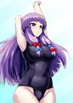  :&lt; armpits arms_up bangs blunt_bangs bow breasts cowboy_shot hair_bow impossible_clothes impossible_swimsuit ishimiso_(ishimura) large_breasts long_hair no_hat no_headwear one-piece_swimsuit patchouli_knowledge purple_eyes purple_hair school_swimsuit sidelocks solo stretch swimsuit touhou 