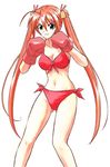  ahoge akamatsu_ken bell bikini blue_eyes boxing_gloves breasts cleavage fighting_stance front-tie_top green_eyes hair_bell hair_ornament hair_ribbon heterochromia kagurazaka_asuna large_breasts long_hair mahou_sensei_negima! midriff navel non-web_source orange_hair red_bikini ribbon side-tie_bikini smile solo swimsuit very_long_hair 