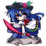  blue_hair blush bow cross-laced_footwear food fruit full_body hat hemogurobin_a1c hinanawi_tenshi leaf long_hair long_skirt open_mouth peach red_eyes rock short_sleeves skirt solo sword sword_of_hisou touhou transparent_background weapon 