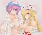  bare_shoulders blonde_hair blush breasts dress_shirt food hair_twirling hat large_breasts long_hair lying mokomoko_yanakku multiple_girls naked_shirt no_pants off_shoulder on_side panties pink_eyes pink_hair pocky purple_eyes saigyouji_yuyuko shirt short_hair smile touhou underwear white_panties yakumo_yukari 