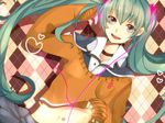  aqua_eyes argyle argyle_background choker green_hair hatsune_miku hiiro long_hair midriff open_mouth sleeves_past_wrists solo sweater twintails very_long_hair vocaloid 