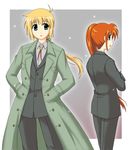  1boy 1girl ahoge blonde_hair blue_eyes emiya_kiritsugu_(cosplay) fate/zero fate_(series) formal gloves hands_in_pockets long_coat long_hair longcoat lyrical_nanoha mahou_shoujo_lyrical_nanoha mahou_shoujo_lyrical_nanoha_strikers ponytail red_hair ribbon saber_(cosplay) shirt side_ponytail snow suit takamachi_nanoha yuuno_scrya 