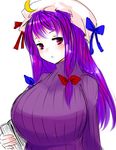  :&lt; alternate_costume book bow breasts crescent hair_bow han_(jackpot) hat huge_breasts long_hair patchouli_knowledge pink_eyes purple_hair ribbed_sweater solo sweater touhou 