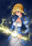  ahoge artoria_pendragon_(all) blonde_hair breasts cleavage cleavage_cutout delta_zone dress excalibur fate/stay_night fate_(series) glowing green_eyes hair_ribbon highres medium_breasts ribbon saber solo sword weapon 