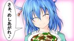  blue_hair blush closed_eyes ebi_senbei food hair_ornament hair_rings hair_stick kaku_seiga short_hair smile solo touhou translated 