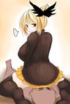  1boy 1girl black_legwear blonde_hair blush bow breasts from_behind girl_on_top hair_bow han_(jackpot) hetero kurodani_yamame large_breasts ribbed_sweater short_hair sitting sitting_on_face sitting_on_person solo_focus straddling sweatdrop sweater thighhighs touhou yellow_eyes 
