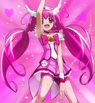  armpits bike_shorts bow choker cure_happy cure_happy_pose eyelashes haruyama_kazunori head_wings hoshizora_miyuki long_hair magical_girl open_mouth pink pink_background pink_bow pink_choker pink_eyes pink_hair pink_shorts pink_skirt precure shorts shorts_under_skirt skirt smile smile_precure! solo tiara twintails 