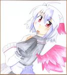  ahoge arnest face head_wings horns marker_(medium) multicolored_hair red_eyes shikishi short_hair single_head_wing solo tokiko_(touhou) touhou traditional_media two-tone_hair wings 