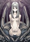  bad_id bad_pixiv_id breasts brown_eyes cupping_hands dark_souls grey_hair highres insect_girl long_hair monster_girl navel nipples nude pale_skin quelaag's_sister silk small_breasts smile solo souls_(from_software) spider_girl spider_web tefec 