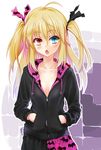  anti_(untea9) blonde_hair blue_eyes blush boku_wa_tomodachi_ga_sukunai breasts cleavage hair_ribbon hands_in_pockets hasegawa_kobato heterochromia hood hoodie jacket long_hair open_mouth red_eyes ribbon small_breasts solo two_side_up 