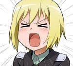  &gt;_&lt; blonde_hair closed_eyes emphasis_lines erica_hartmann fang military military_uniform open_mouth short_hair solo strike_witches uniform world_witches_series youkan 
