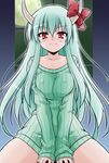  akou_roushi alternate_costume blush bottomless breast_squeeze breasts ex-keine fang full_moon green_hair green_shirt horn_ribbon horns kamishirasawa_keine long_hair medium_breasts moon naked_sweater no_pants red_eyes ribbed_sweater ribbon shirt smile solo spread_legs sweater touhou 