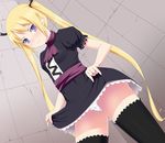  black_dress black_legwear blonde_hair blush dress dress_lift highres juujika nina_(juujika) nose_blush panties purple_eyes shougi_(116) solo thighhighs twintails underwear white_panties 